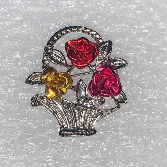 Red, Pink, & Gold Roses in Silver Tone Basket Brooch/Pin - Picture 3 of 16